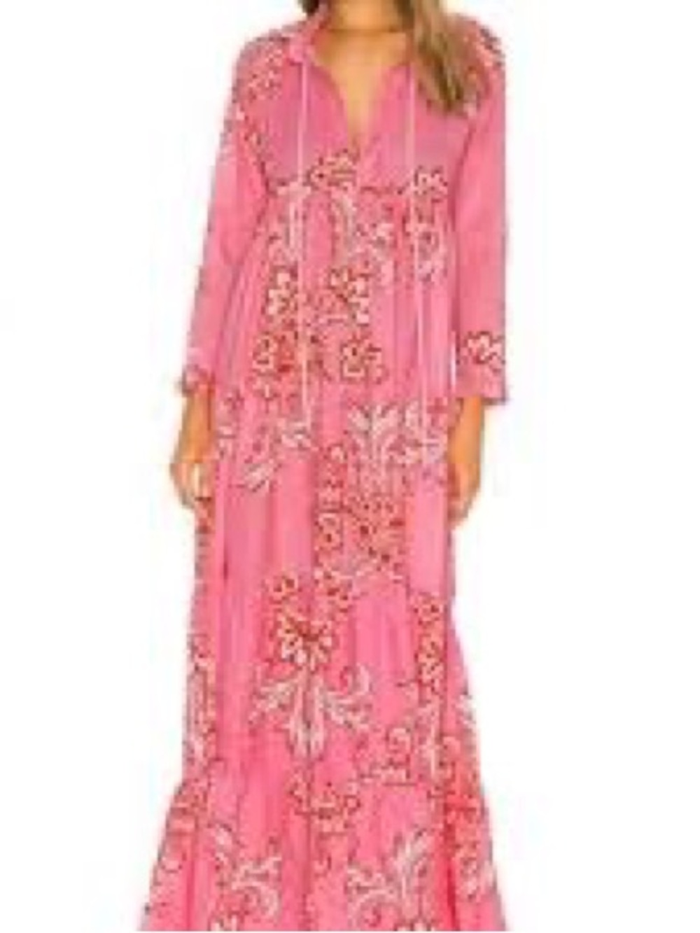 Boho Pink Floral Maxi Dress with V-Neck and Tie size m/l
